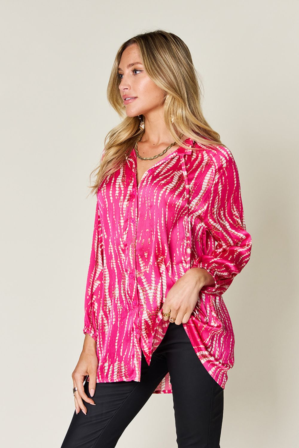 Double Take Full Size Printed Button Up Long Sleeve Shirt - -