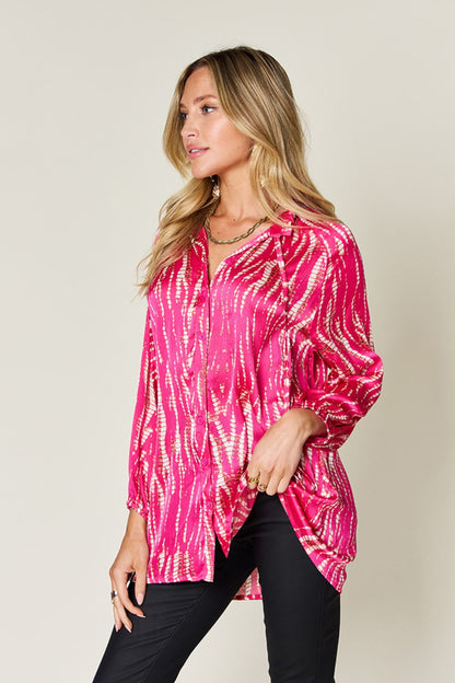 Double Take Full Size Printed Button Up Long Sleeve Shirt - -