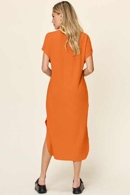 Double Take Full Size Round Neck Short Sleeve Slit Dress