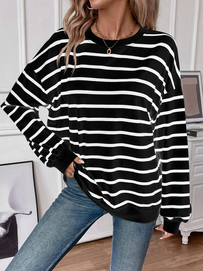 Lovelet Striped Round Neck Long Sleeve Sweatshirt