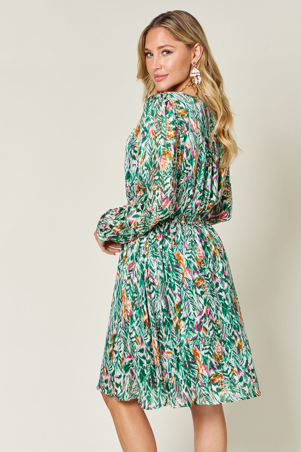 Double Take Full Size Printed Drawstring Waist Long Sleeve Dress - -