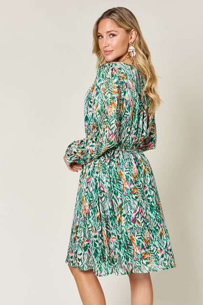 Double Take Full Size Printed Drawstring Waist Long Sleeve Dress - -