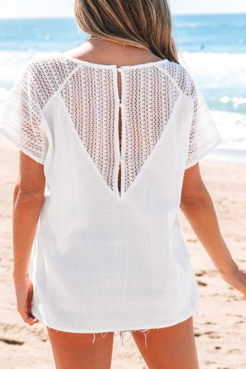 Lace Crochet Textured Button Back V Neck T Shirt - -