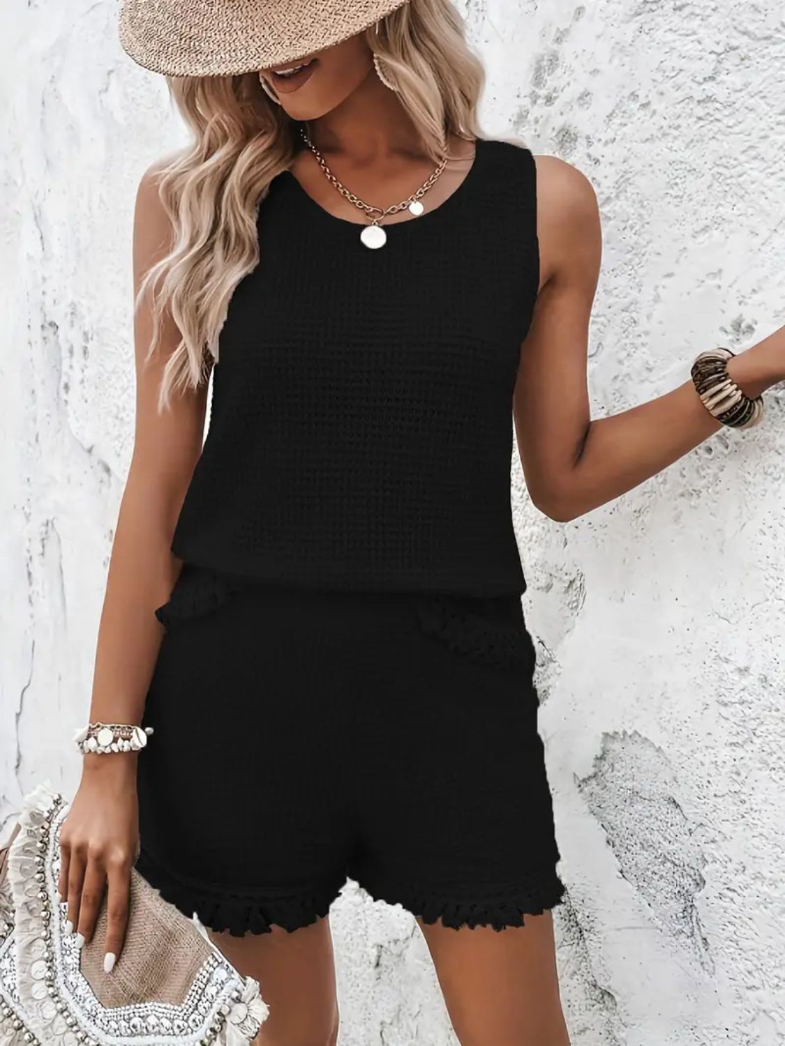 Round Neck Wide Strap Tank and Shorts Set - -