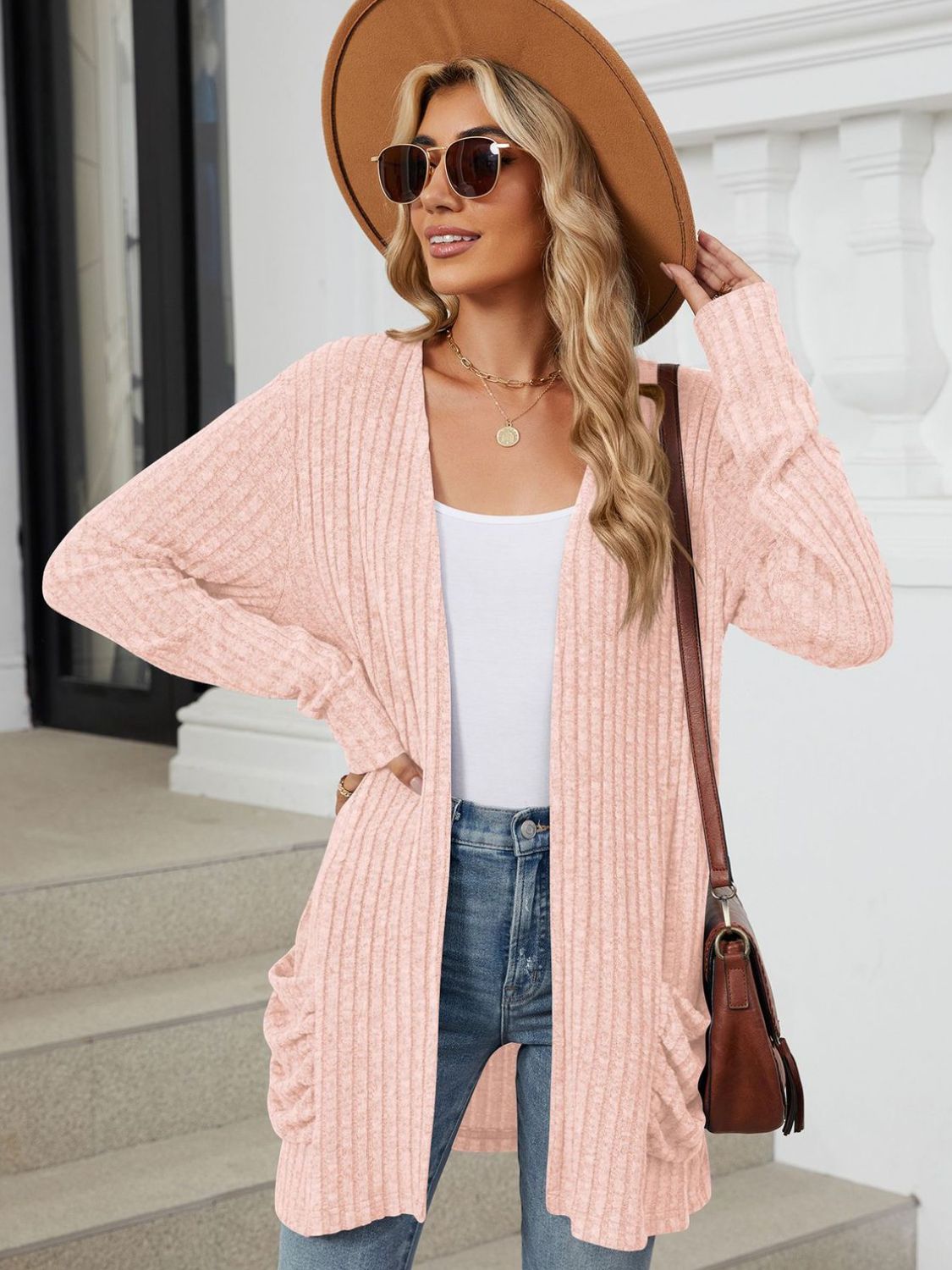 Pocketed Open Front Long Sleeve Cardigan - -