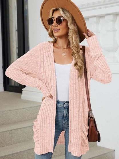 Pocketed Open Front Long Sleeve Cardigan - -