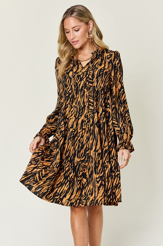 Double Take Full Size Printed Ruffle Hem Long Sleeve Dress - -