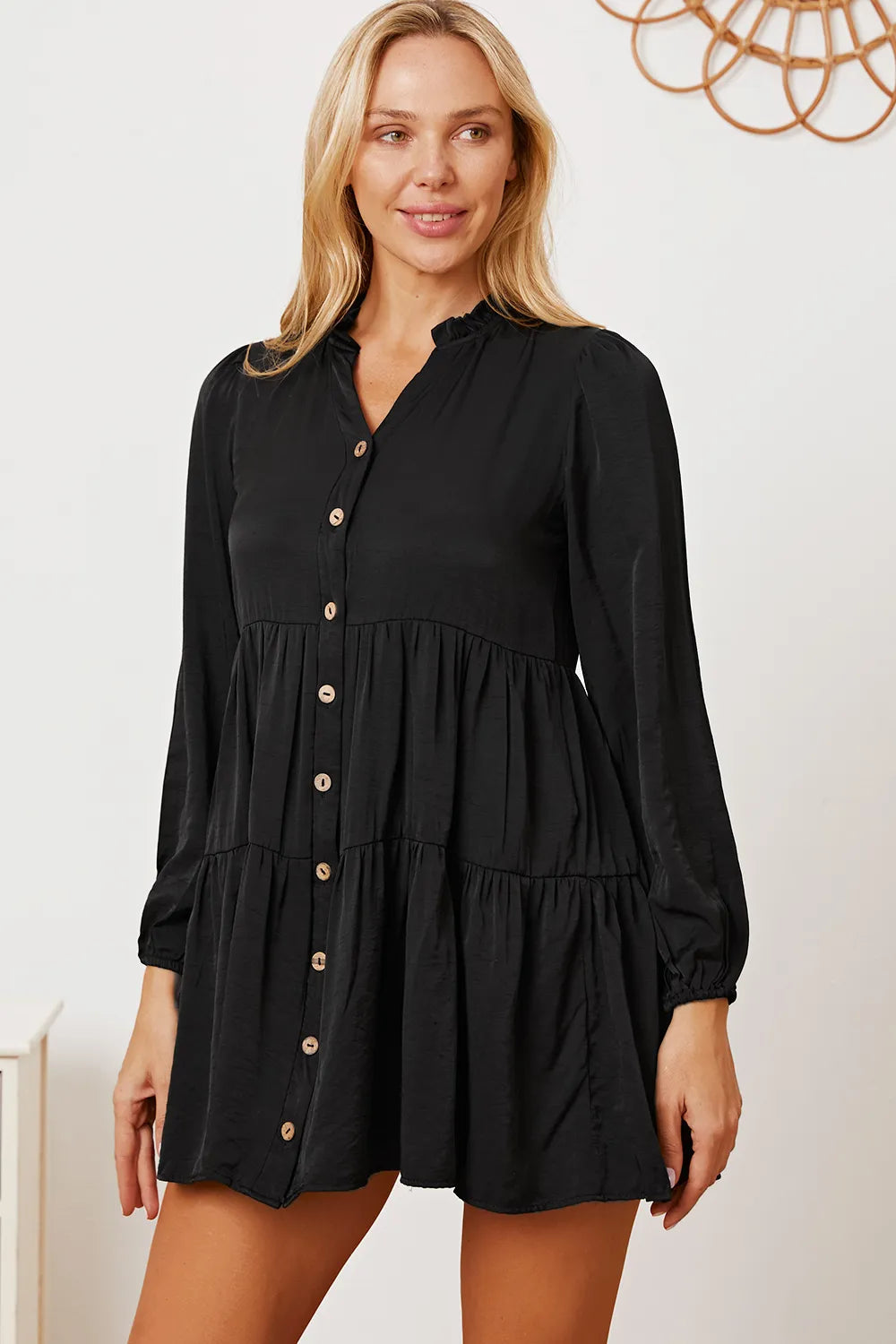 Ruffled Button Up Long Sleeve Tiered Shirt - -
