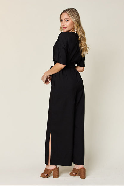 Double Take Full Size V-Neck Tied Side Slit Jumpsuit - -