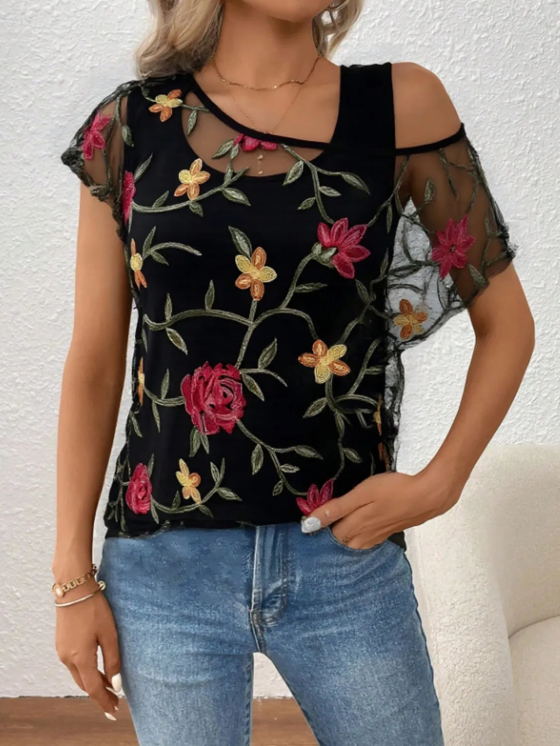 Floral Short Sleeve Sheer Top - Black -
