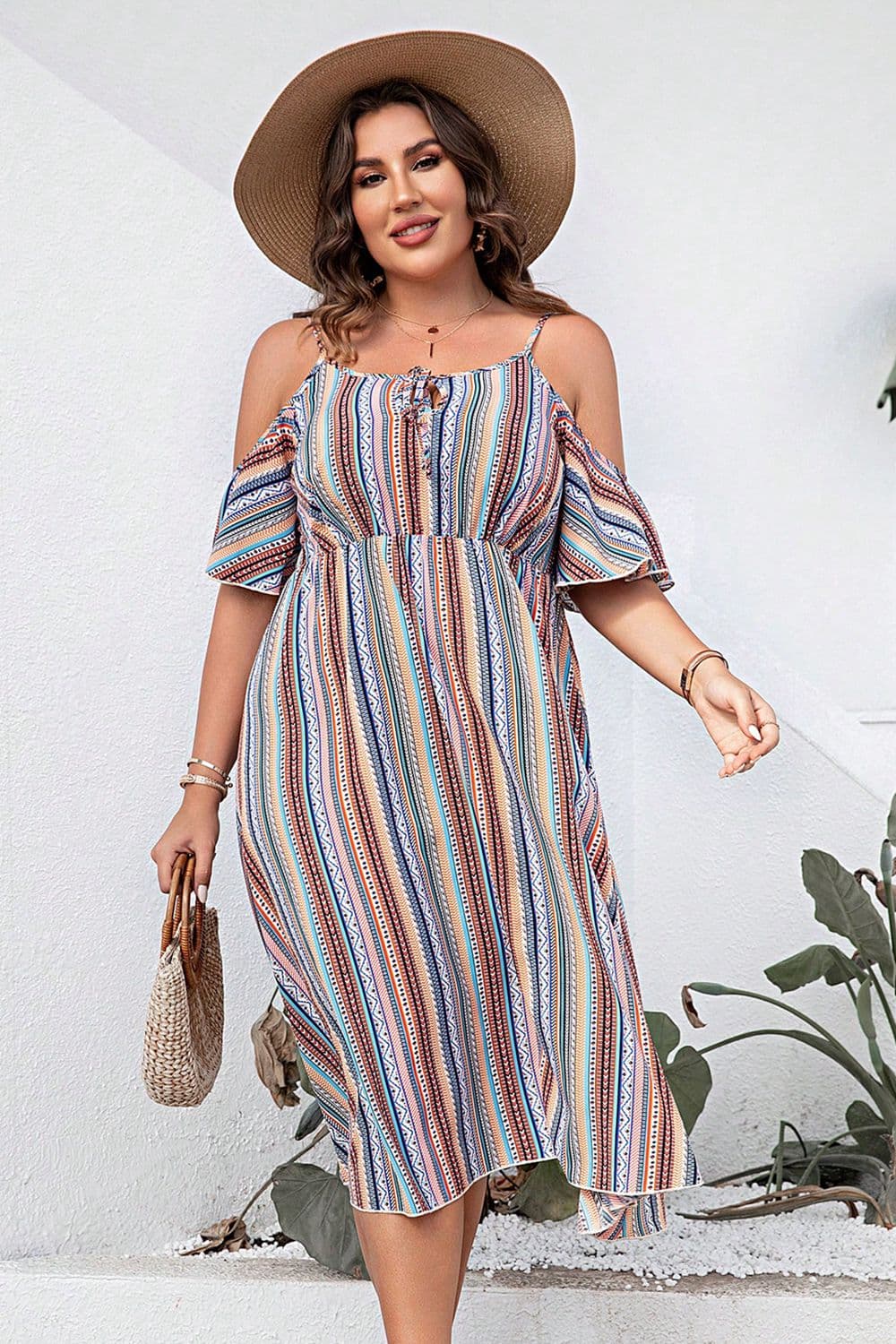 Plus Size Striped Cold-Shoulder Midi Dress (Curve Chic) - Multicolor -