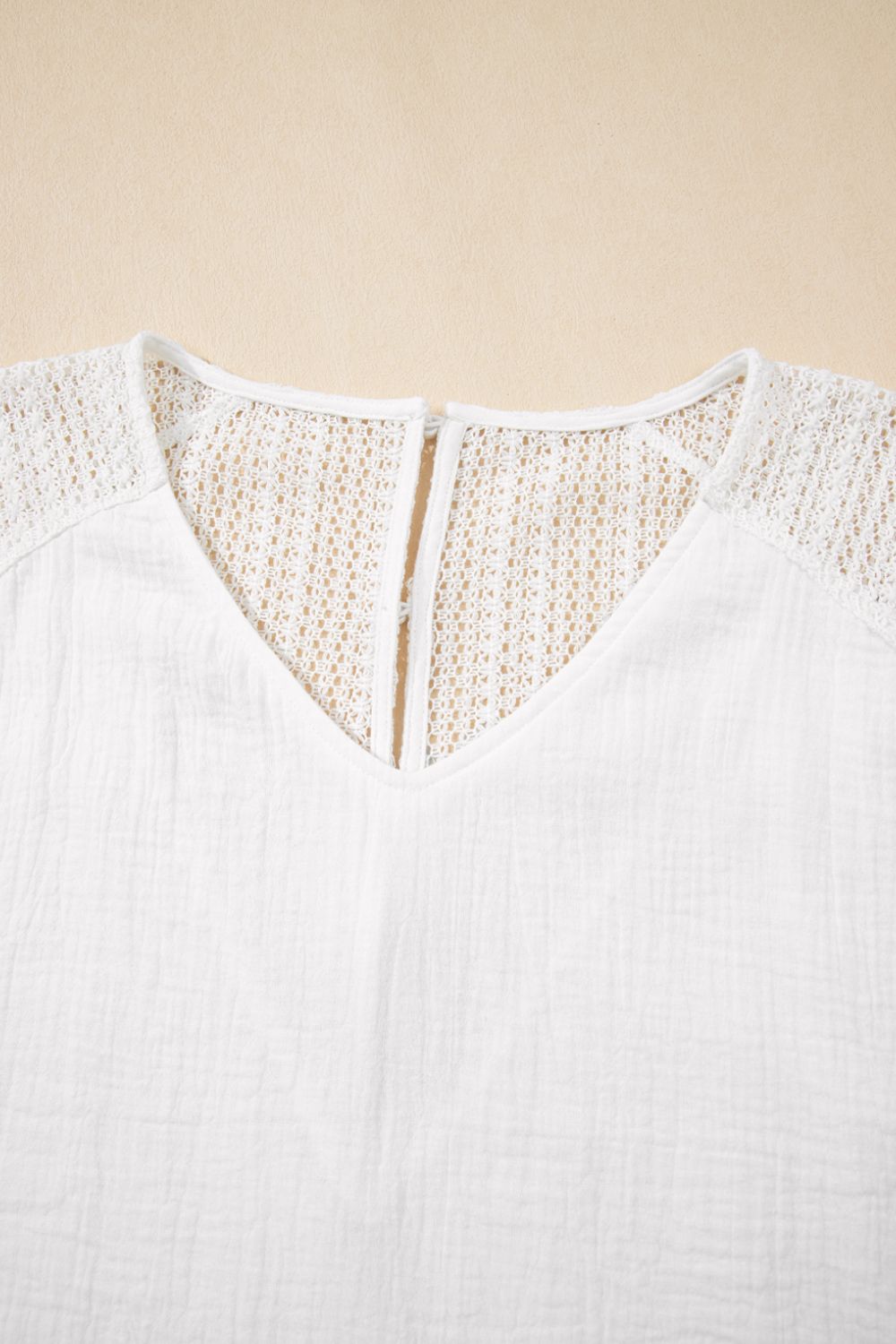 Lace Crochet Textured Button Back V Neck T Shirt - -