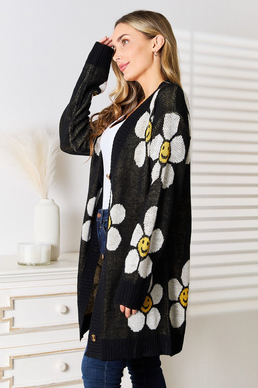 Perfee Floral Button Down Longline Cardigan - -