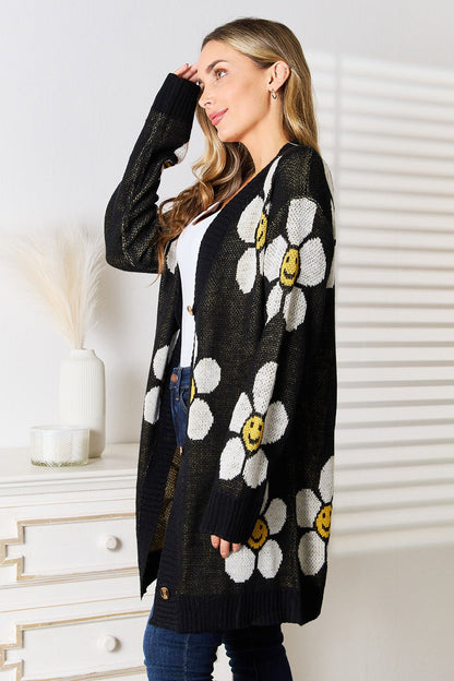 Perfee Floral Button Down Longline Cardigan - -