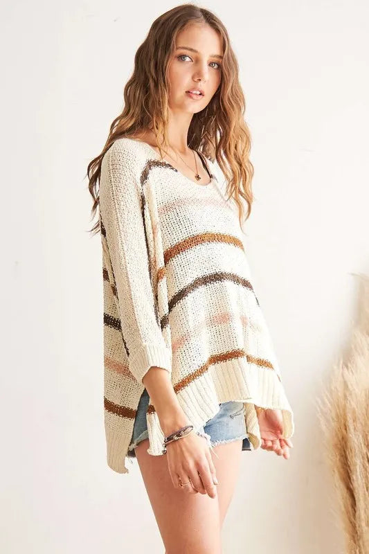 ADORA Full Size Multi Color Strip Sweater Plus Size - -