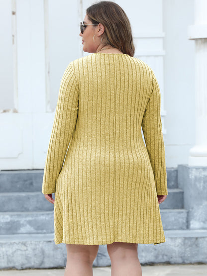 Plus Size Ribbed Buttoned V-Neck Long Sleeve Dress - -
