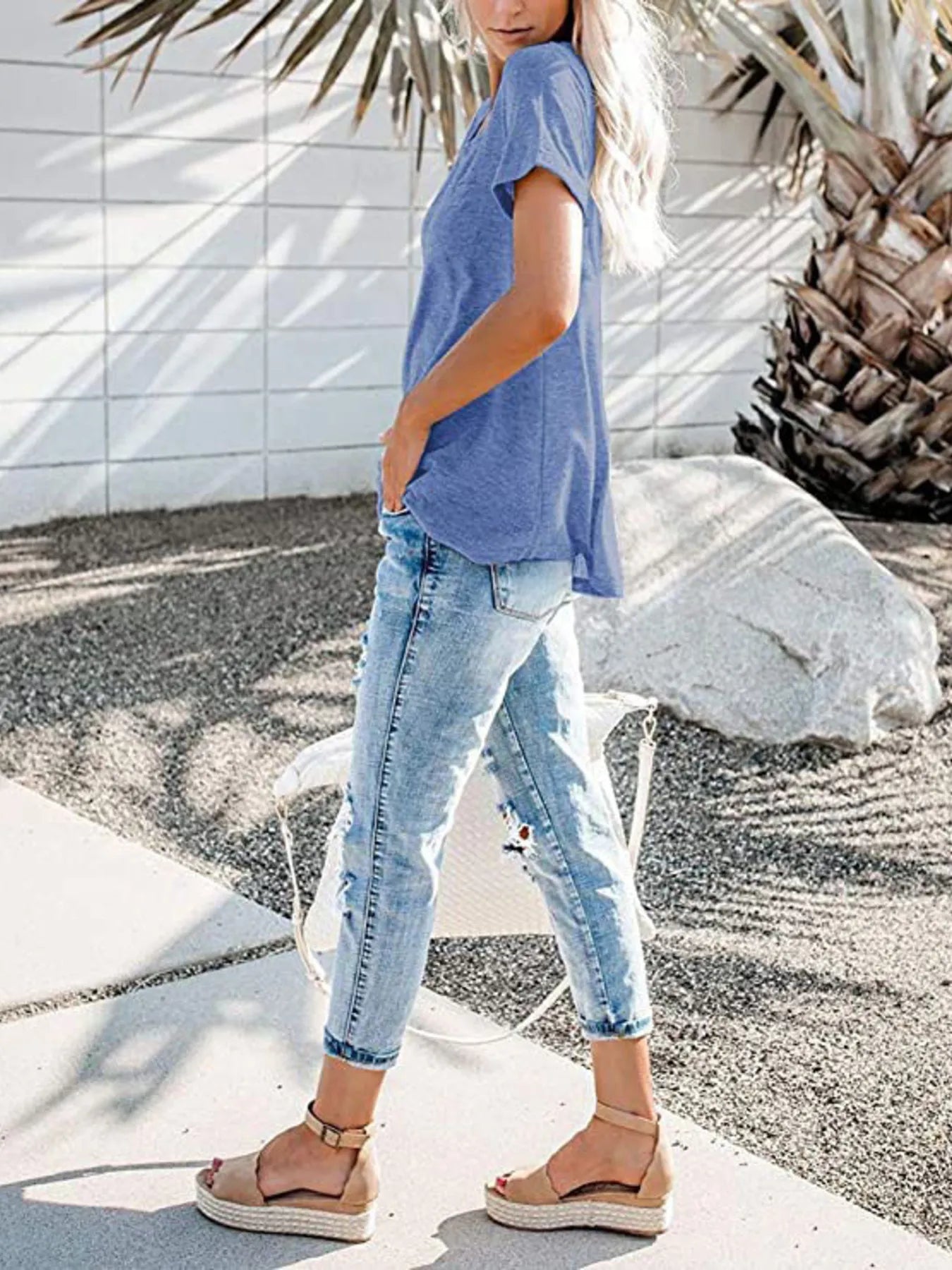 Full Size Notched Short Sleeve T-Shirt Plus Size - -