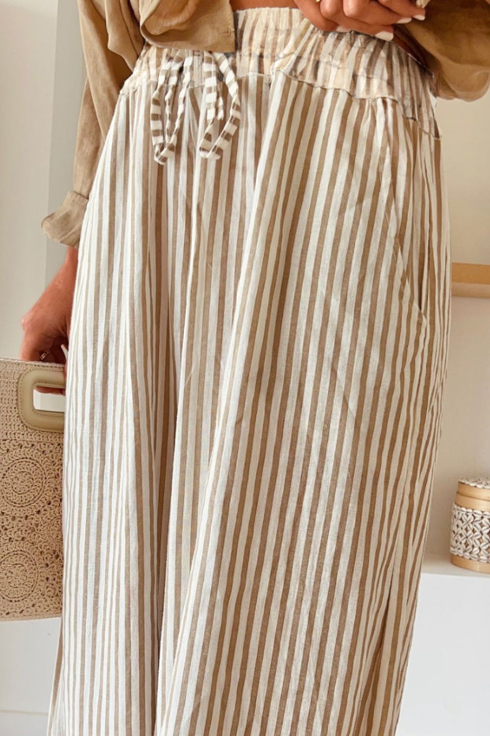 Pocketed Striped Wide Leg Pants - -