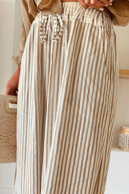 Pocketed Striped Wide Leg Pants - -