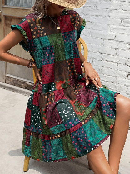 Color Block Print Short Sleeve Mini Dress - Burgundy -