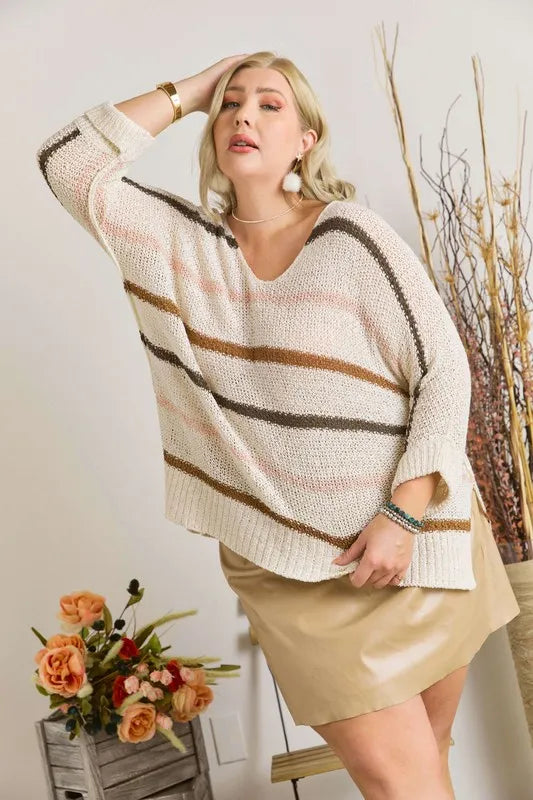 ADORA Full Size Multi Color Strip Sweater Plus Size - -