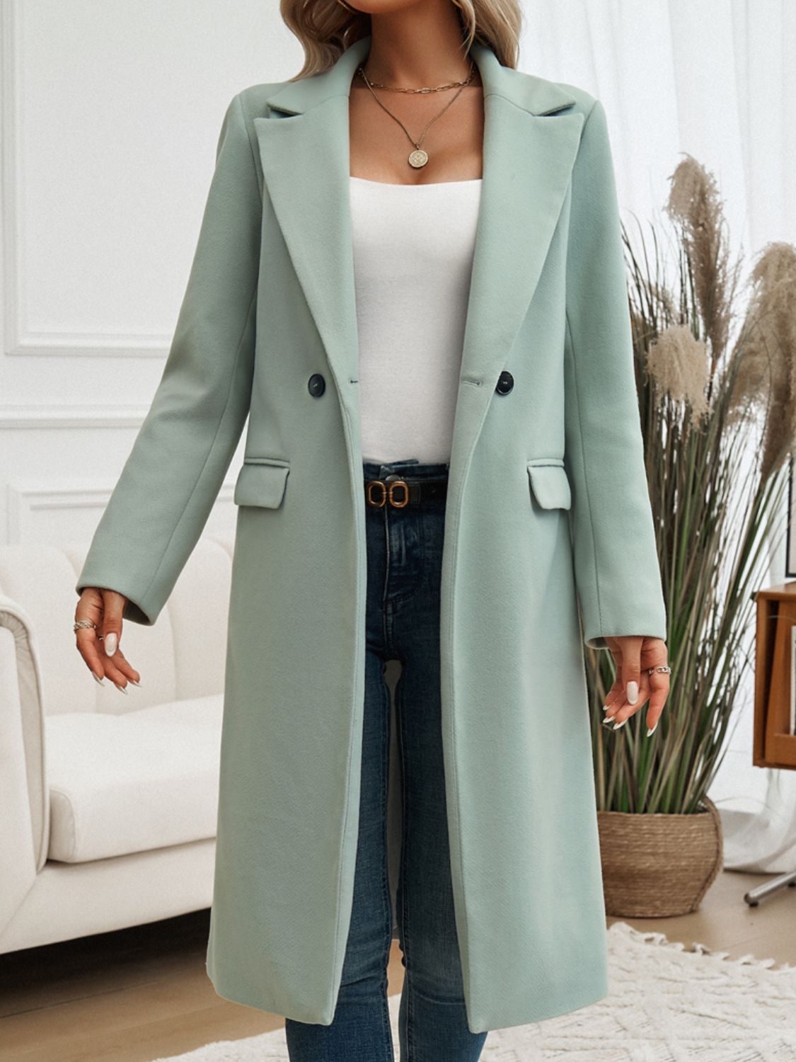 Devine Pocketed Collared Neck Long Sleeve Coat - Sage -