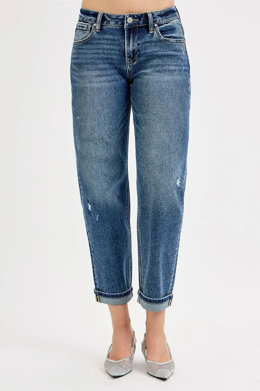 RISEN Full Size Low Rise Crop Boyfriend Jeans Plus Size - DARK -