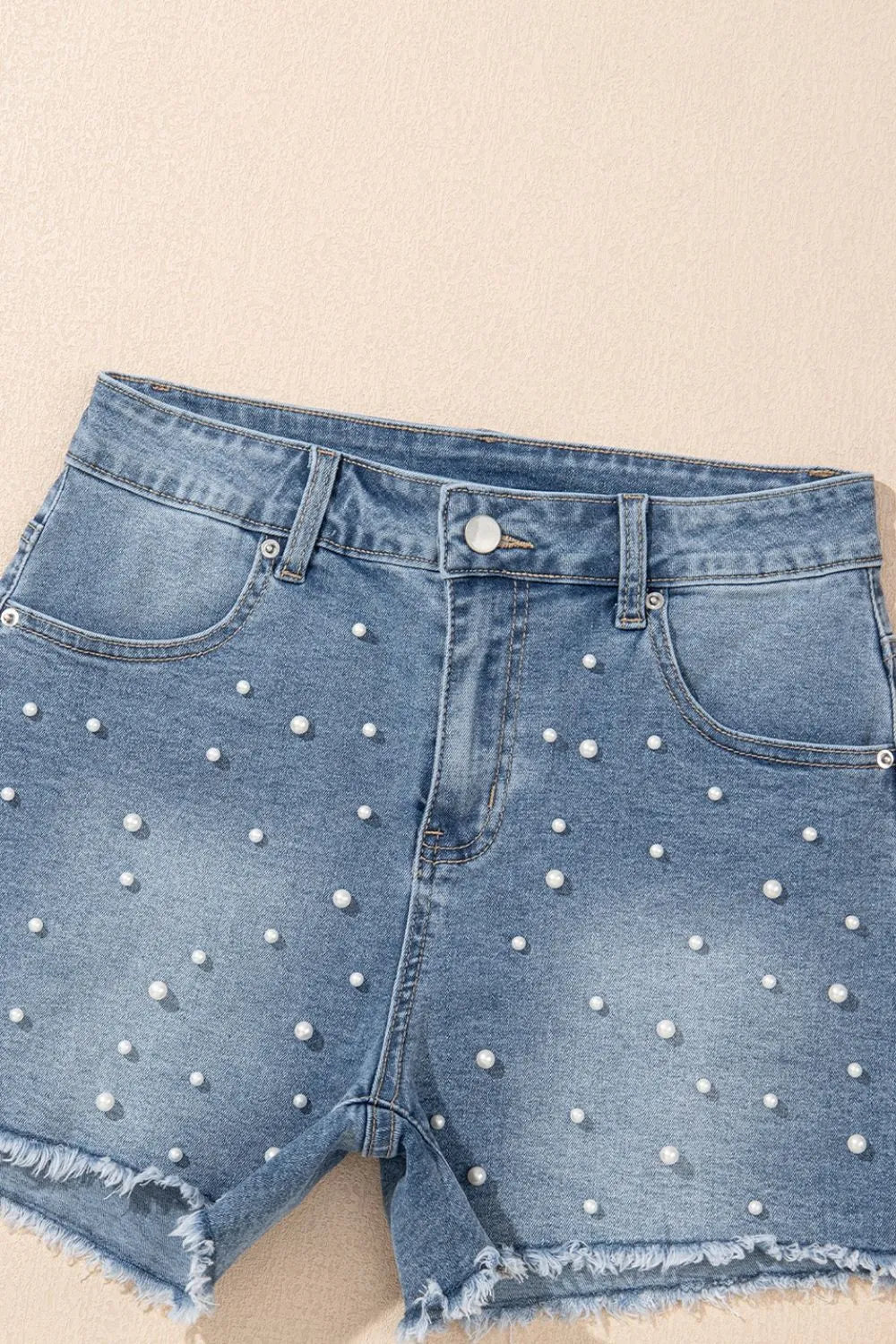 Pearl Beaded Raw Hem Wash Denim Shorts - -