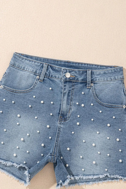 Pearl Beaded Raw Hem Wash Denim Shorts - -