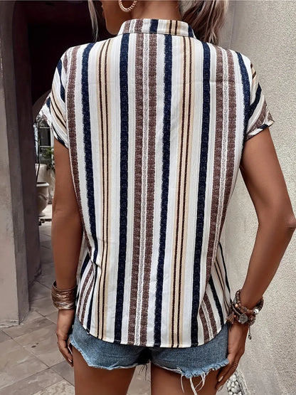 Striped Notched Short Sleeve Shirt - -