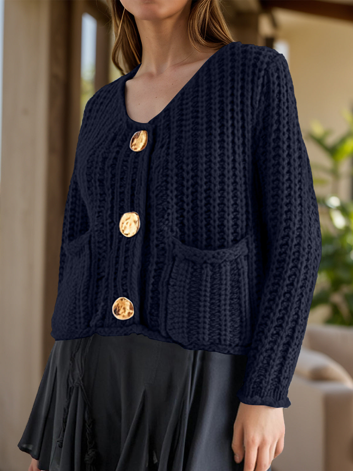 Chunky Knit Button-Down Cardigan – Gold Accent & Soft Texture - Indigo -