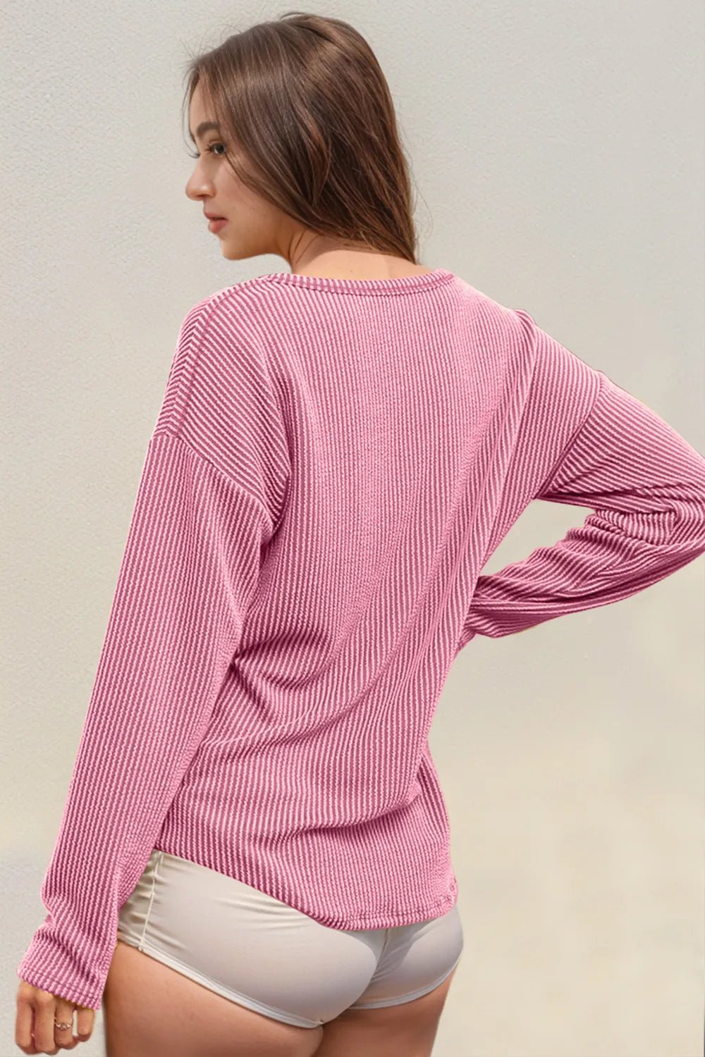 Double Take Striped Notched Long Sleeve T-Shirt - -