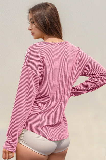 Double Take Striped Notched Long Sleeve T-Shirt - -