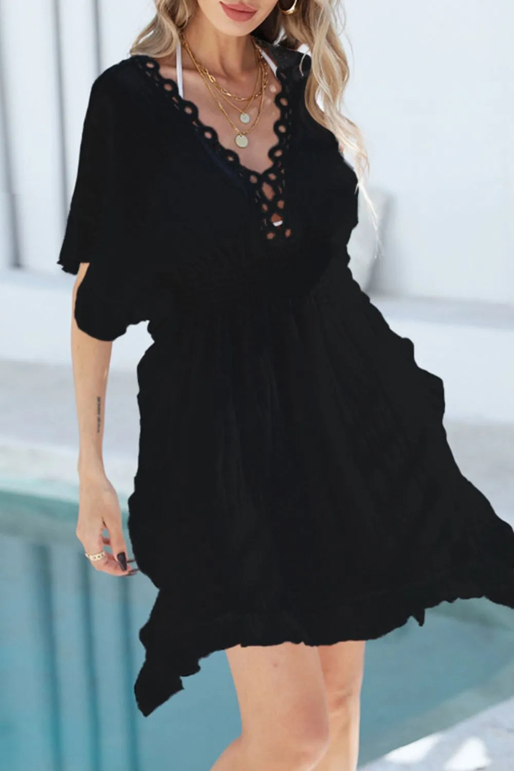 Ruffled Smocked Waist V-Neck Cover-Up - -