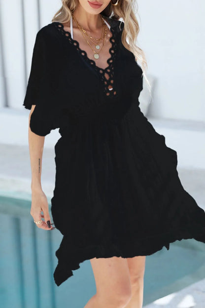 Ruffled Smocked Waist V-Neck Cover-Up - -