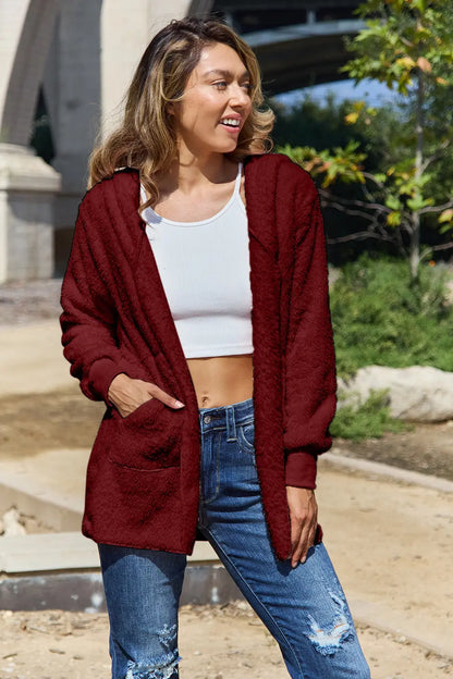 Full Size Teddy Hooded Jacket with Pockets - -