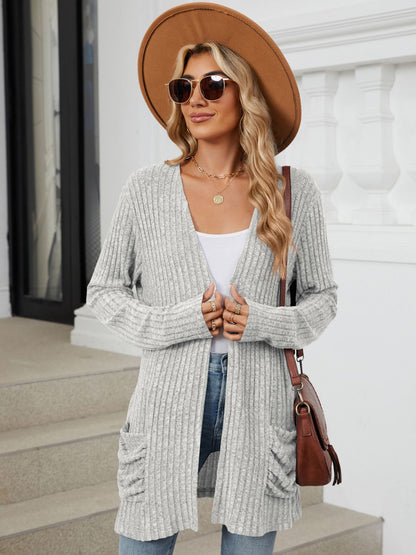 Pocketed Open Front Long Sleeve Cardigan - -
