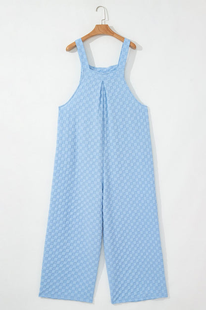 Checkered Pocketed Wide Leg Overalls - -
