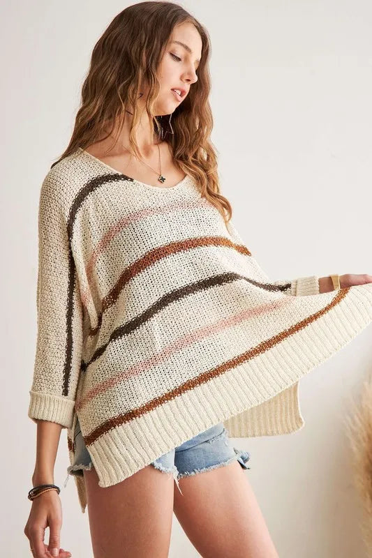 ADORA Full Size Multi Color Strip Sweater Plus Size - -