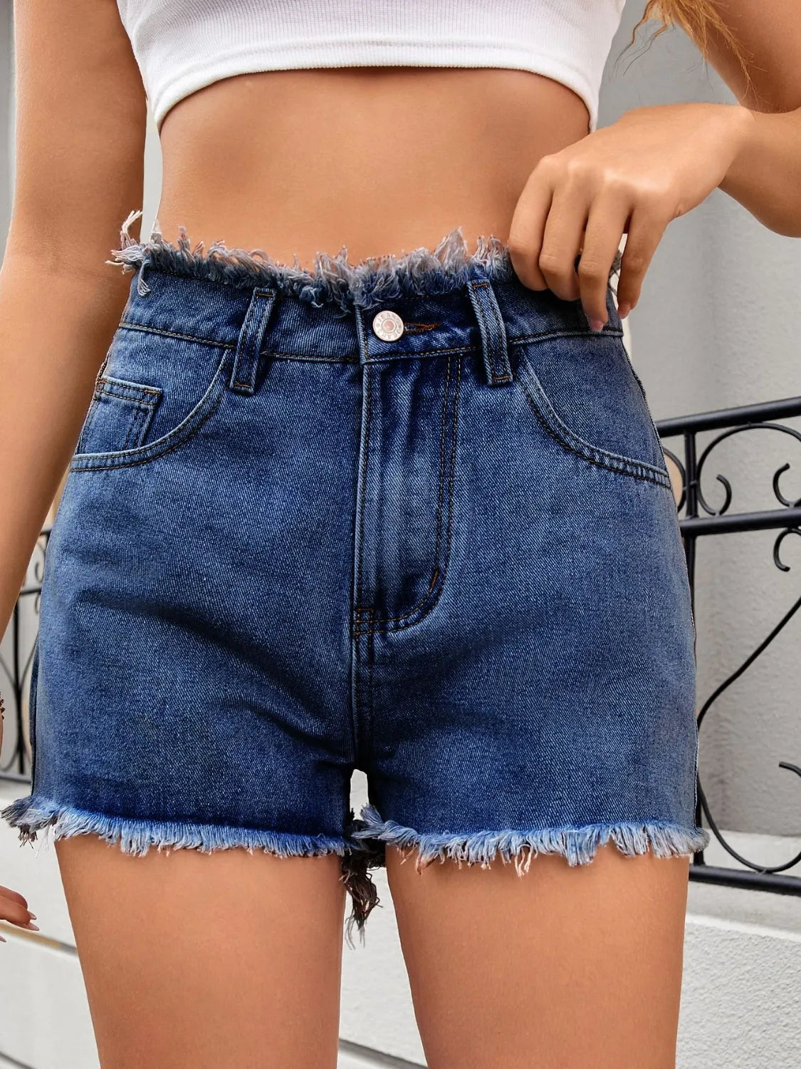 Washed Raw Hem Denim Shorts - Dark Blue -