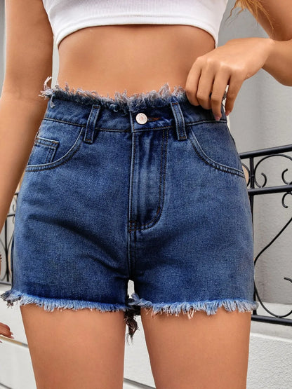 Washed Raw Hem Denim Shorts - Dark Blue -