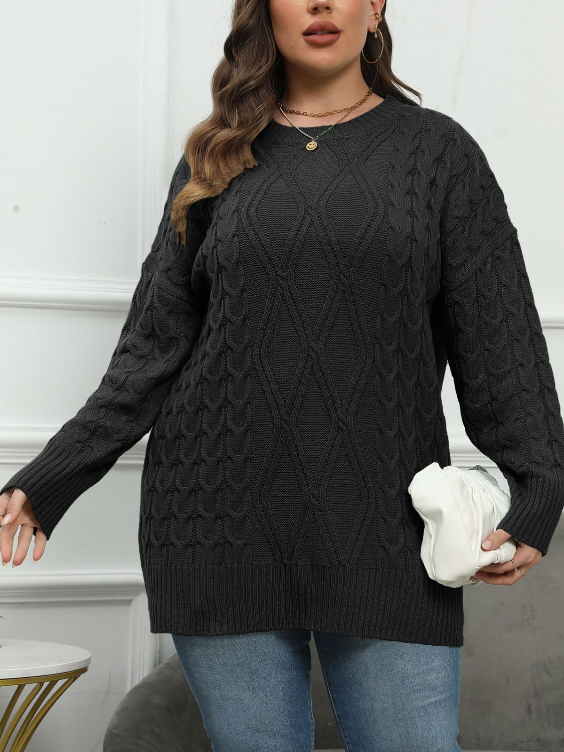 Plus Size Round Neck Long Sleeve Sweater - Black -