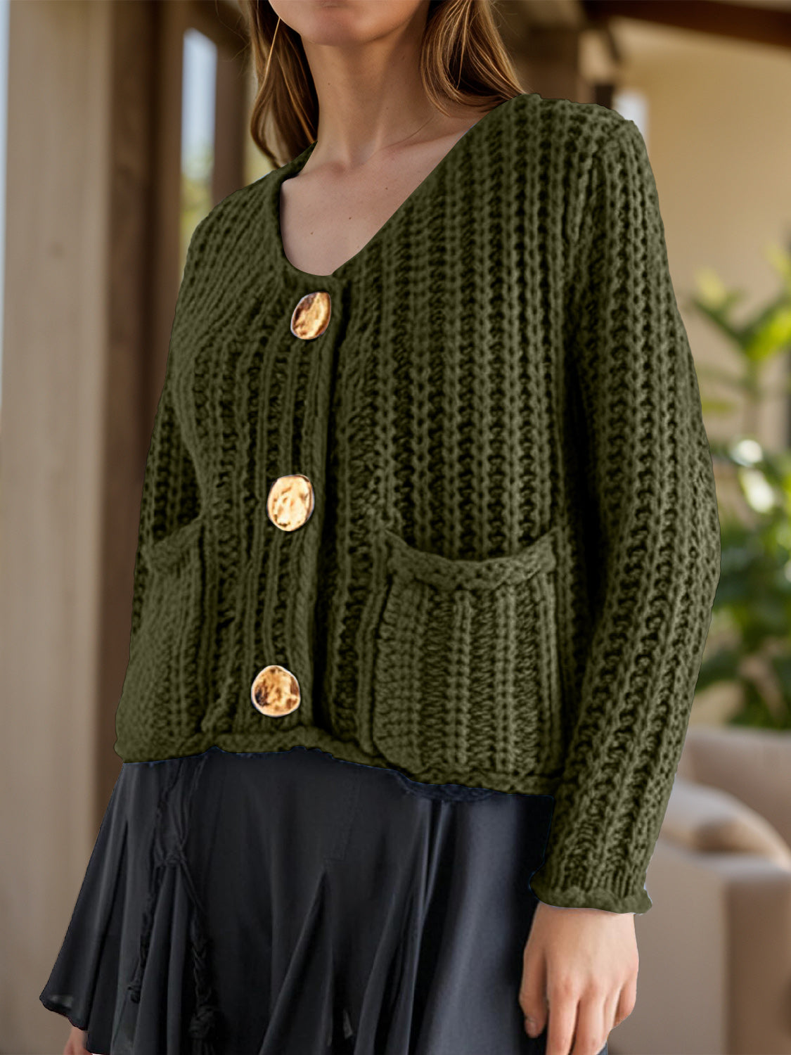 Chunky Knit Button-Down Cardigan – Gold Accent & Soft Texture - Army Green -