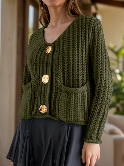 Chunky Knit Button-Down Cardigan – Gold Accent & Soft Texture - Army Green -