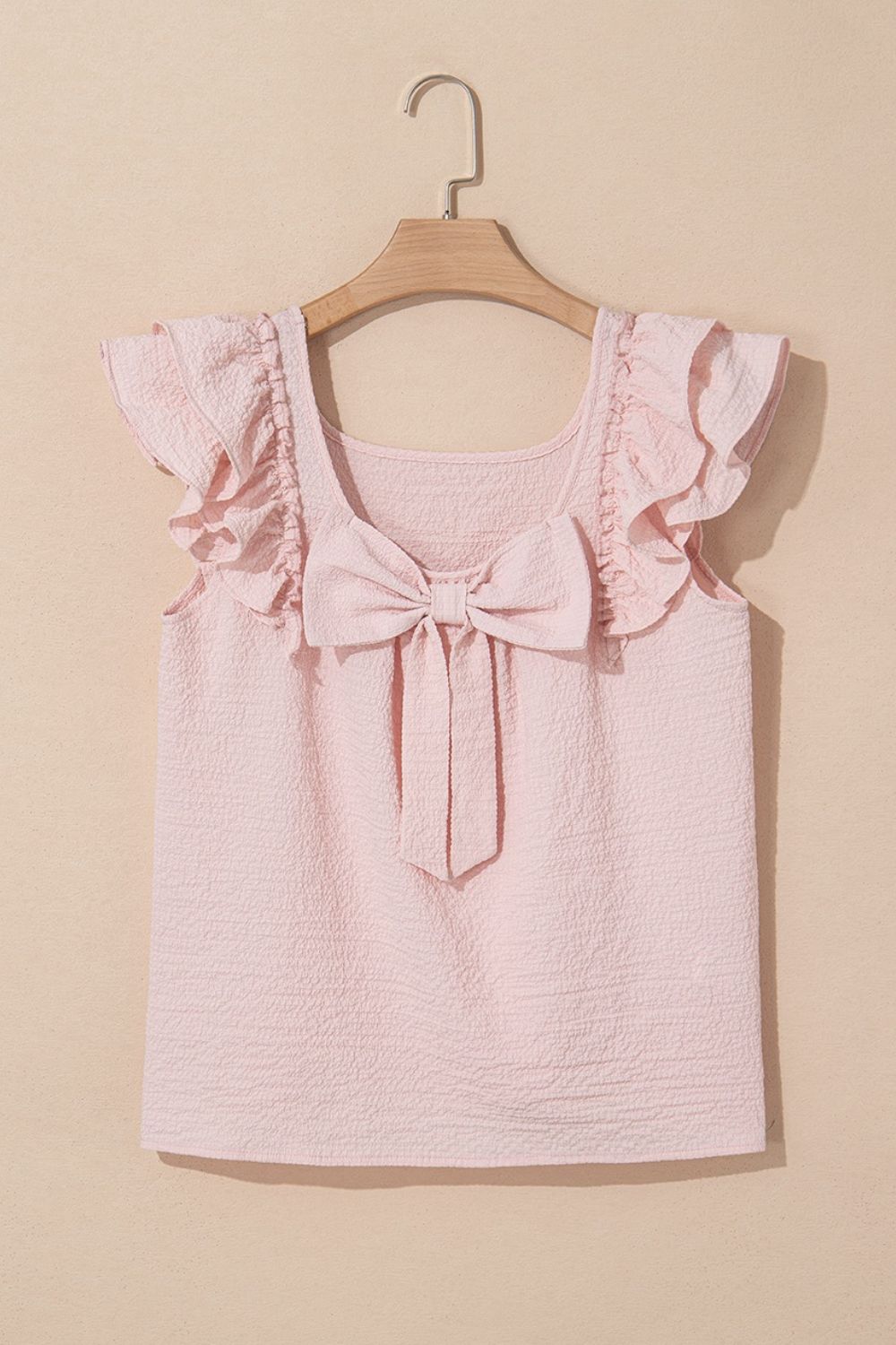 Textured Bow Knot Frilled Butterfly Sleeve Blouse - -