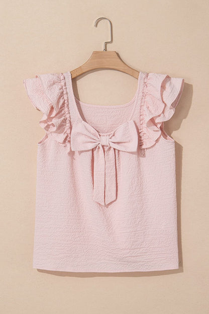 Textured Bow Knot Frilled Butterfly Sleeve Blouse - -