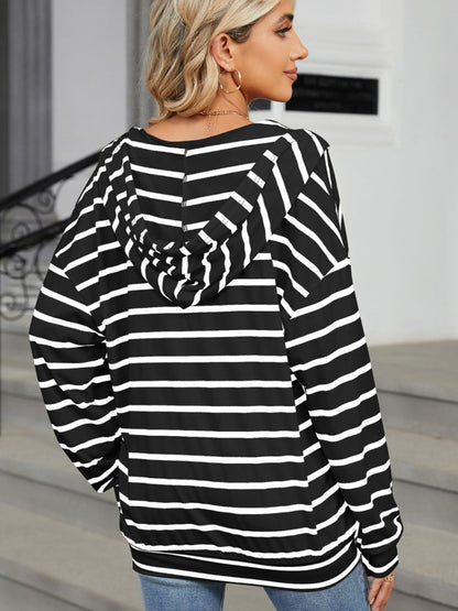 Drawstring Striped Long Sleeve Hoodie - -