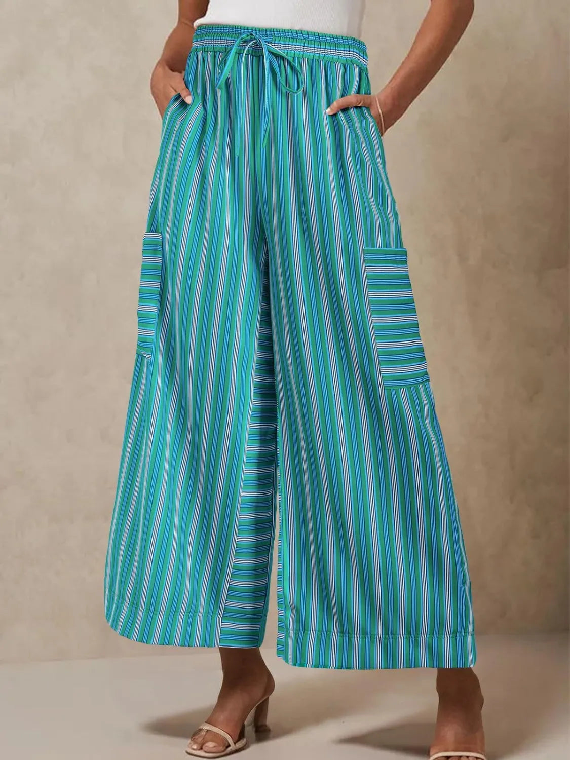 Contrast Striped Wide leg Pants - Teal -