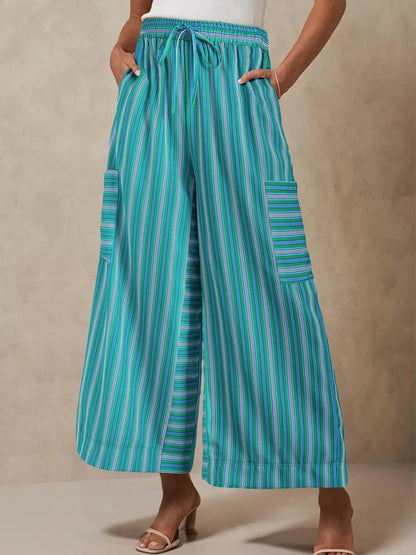 Contrast Striped Wide leg Pants - Teal -