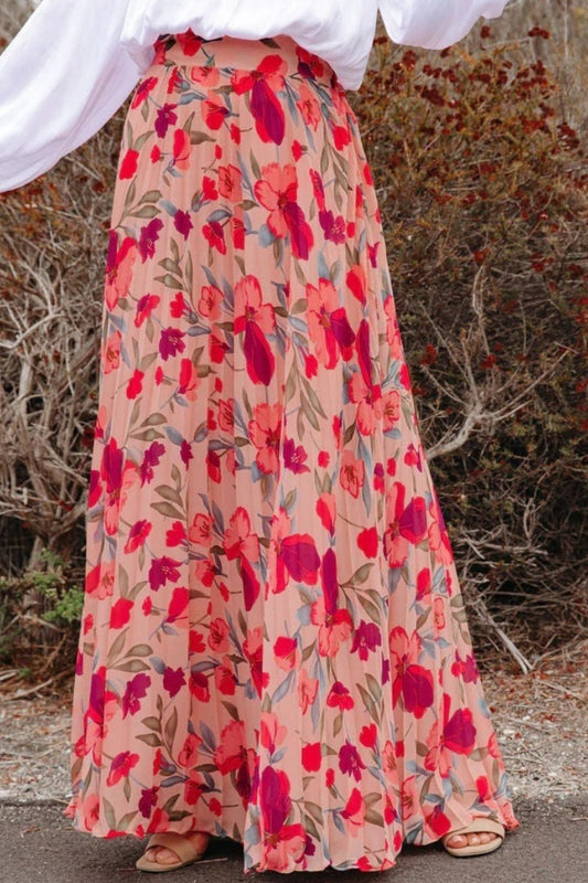 Printed Elastic Waist Pleated Maxi Skirt - Hot Pink -